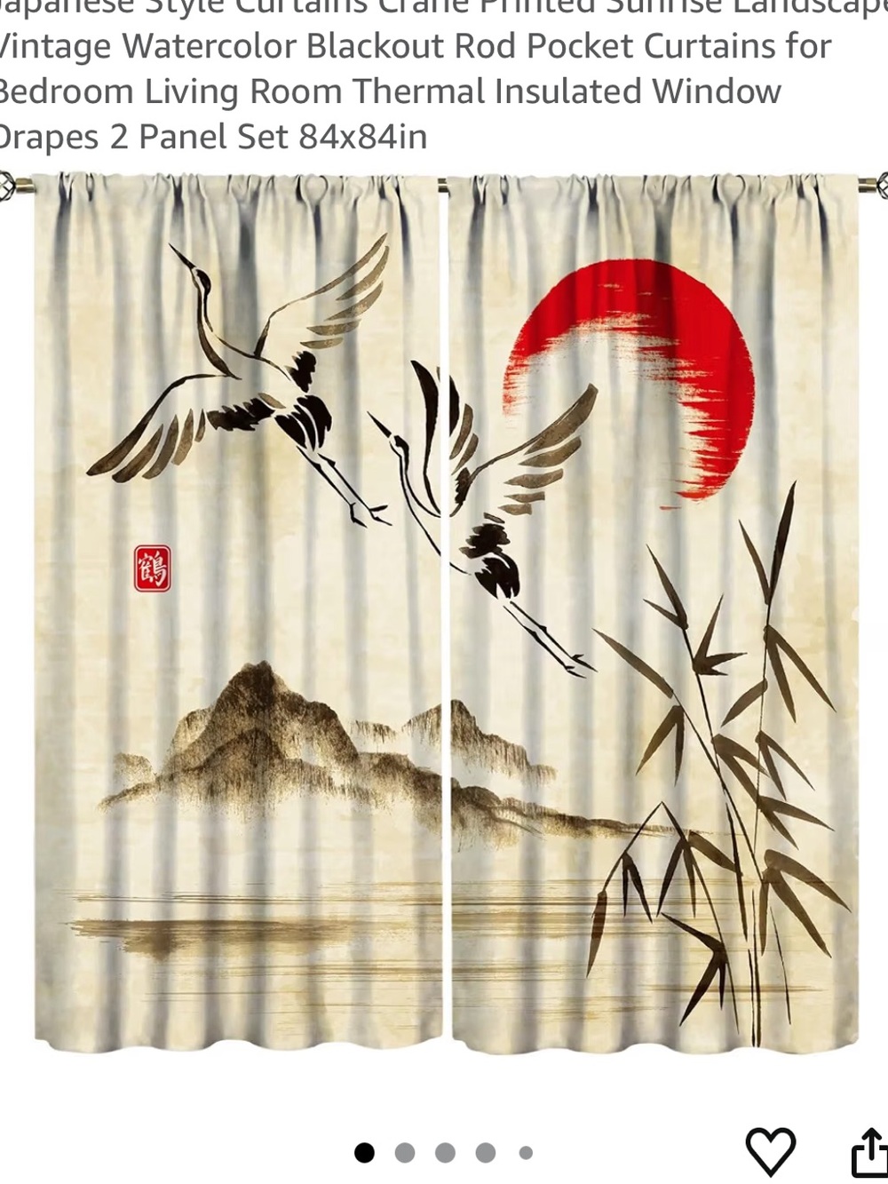 Japanese Ink Painting Curtains - White, Black & Red Sun - Picture 2 of 4